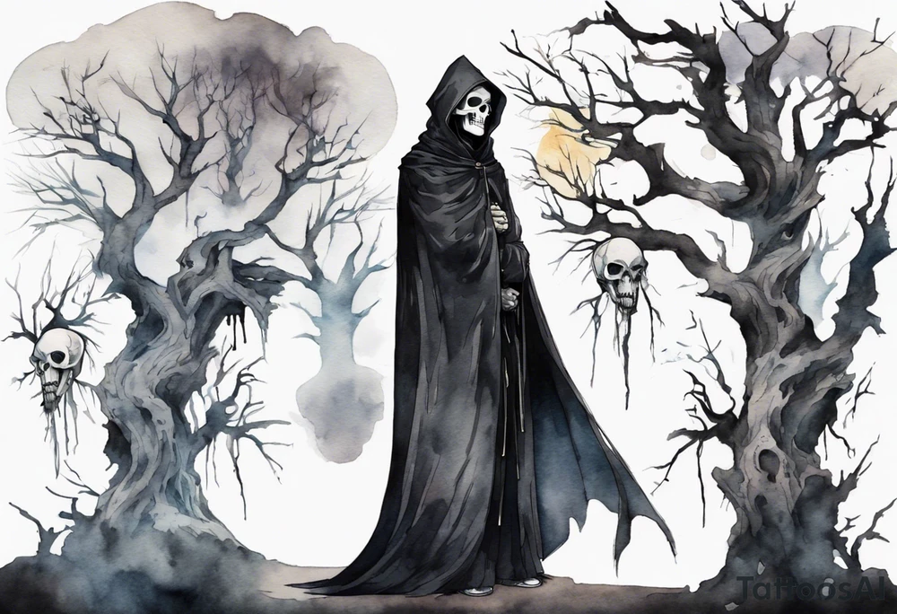 a thin medieval man in a black cloak wearing a skull mask, standing alone in a gloomy place with dead trees tattoo idea