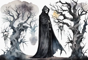 a thin medieval man in a black cloak wearing a skull mask, standing alone in a gloomy place with dead trees tattoo idea