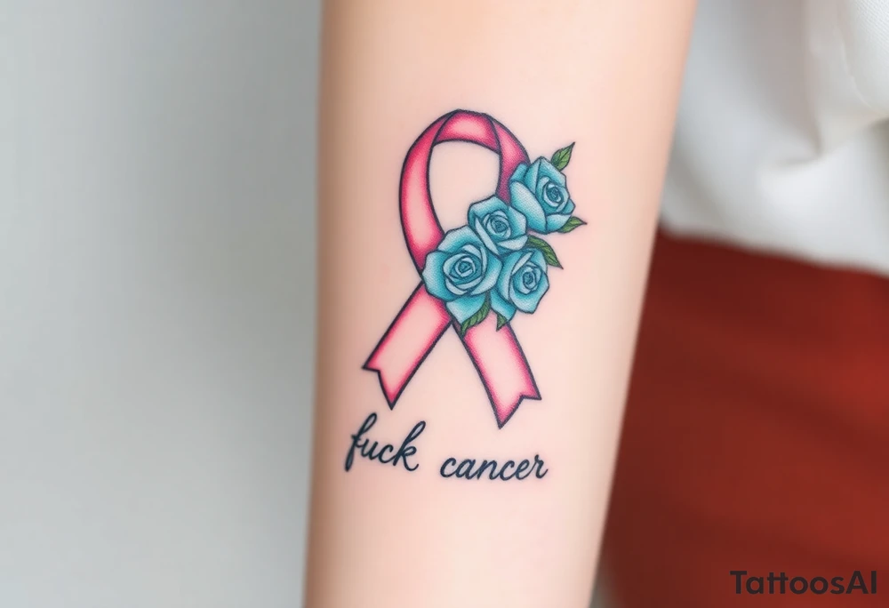 Pretty pink Cancer ribbon that says "fuck cancer"with 3 light turquoise
roses tattoo idea