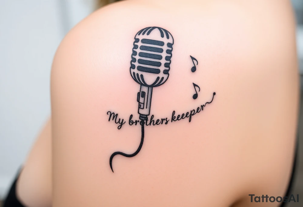 A microphone end of cord drawing the words “My brothers keeper” and music notes tattoo idea