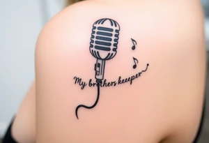 A microphone end of cord drawing the words “My brothers keeper” and music notes tattoo idea