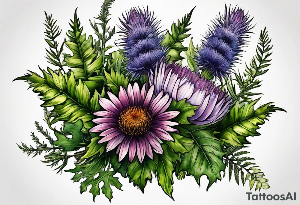 small vertical mixed wildflower bouquet with ferns, thistle and with color tattoo idea