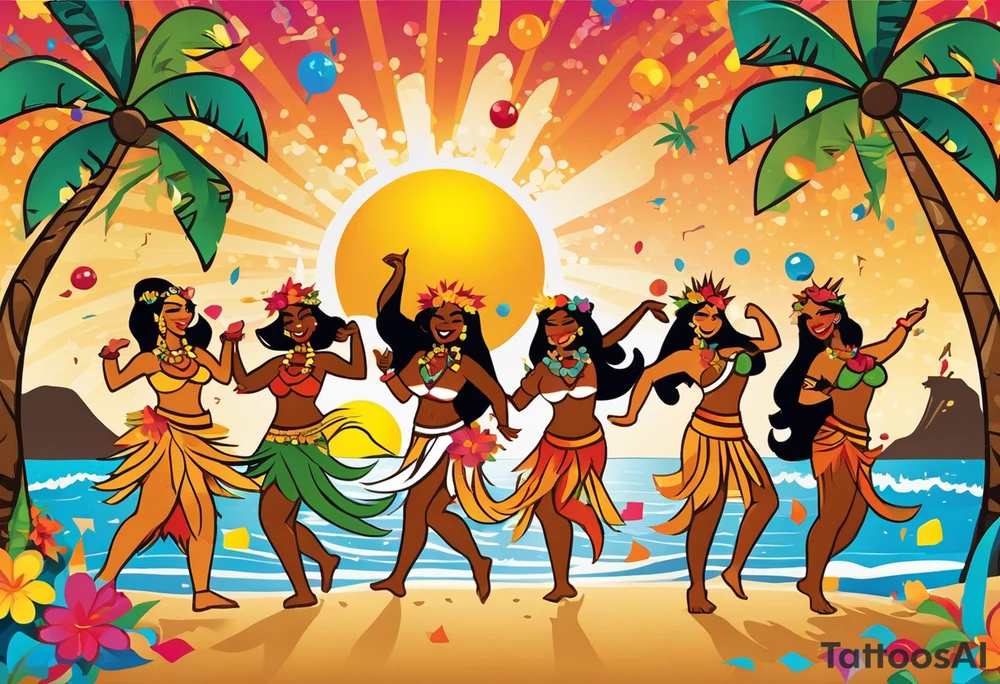 dancing tiki gods and hula girls on the left and right side of a beach party scene with confetti and music notes with a setting sun in the center of the image. the sun is the focal point with the characters only at the sides tattoo idea