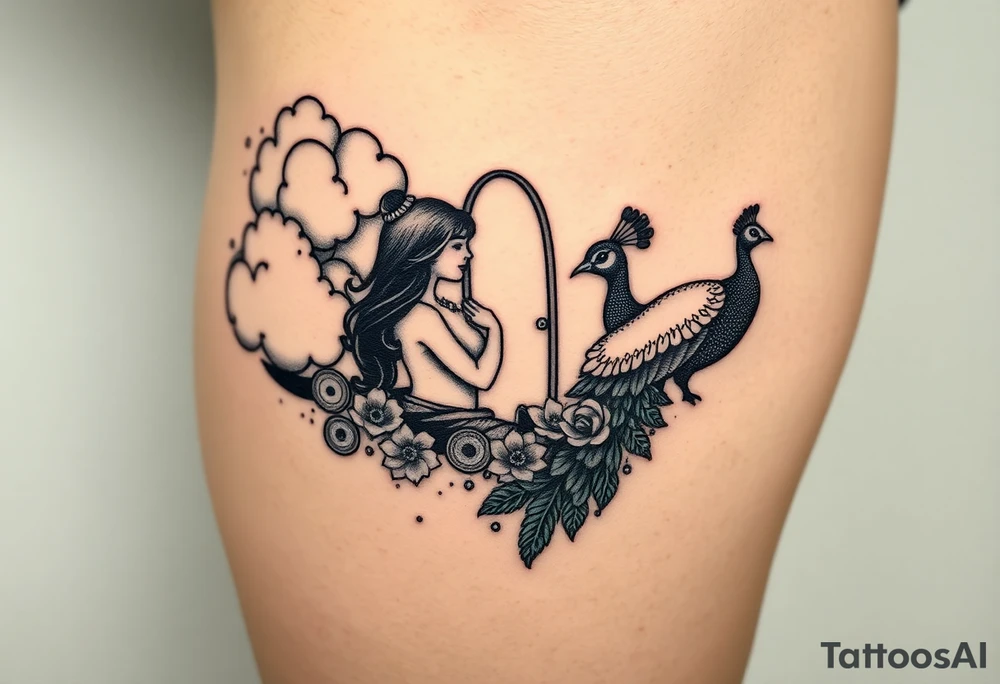Storm clouds with a fat naked woman and drugs and money  and coinsand mirror and sexy naked couple lustful having sex with pig and peacock tattoo idea