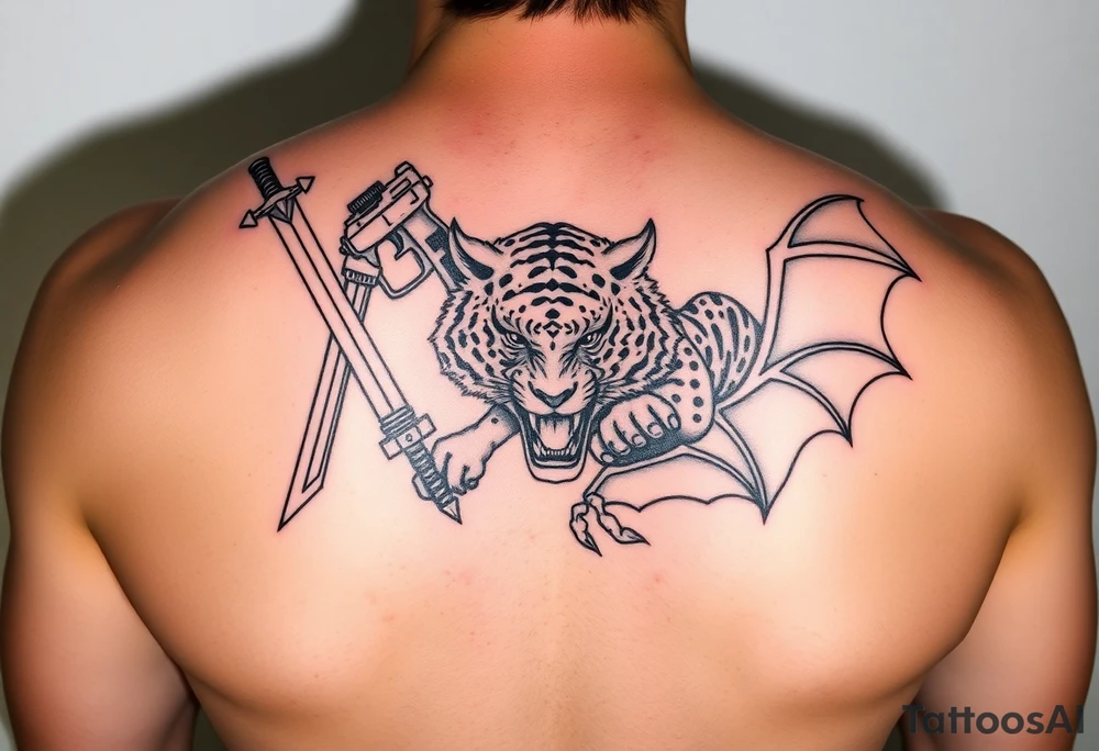 Tattoo design featuring Kuwabaras spirit Sword, Yusukes spirit gun, Toradoras palm top tiger, and the Demon devil bat tattoo idea