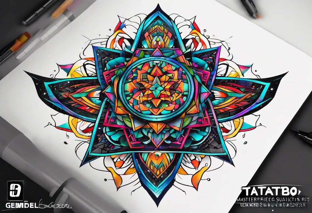 A tattoo design featuring geometric patterns and symbols inspired by psytrance and techno music, creating a unique and futuristic look. tattoo idea