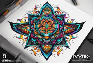 A tattoo design featuring geometric patterns and symbols inspired by psytrance and techno music, creating a unique and futuristic look. tattoo idea