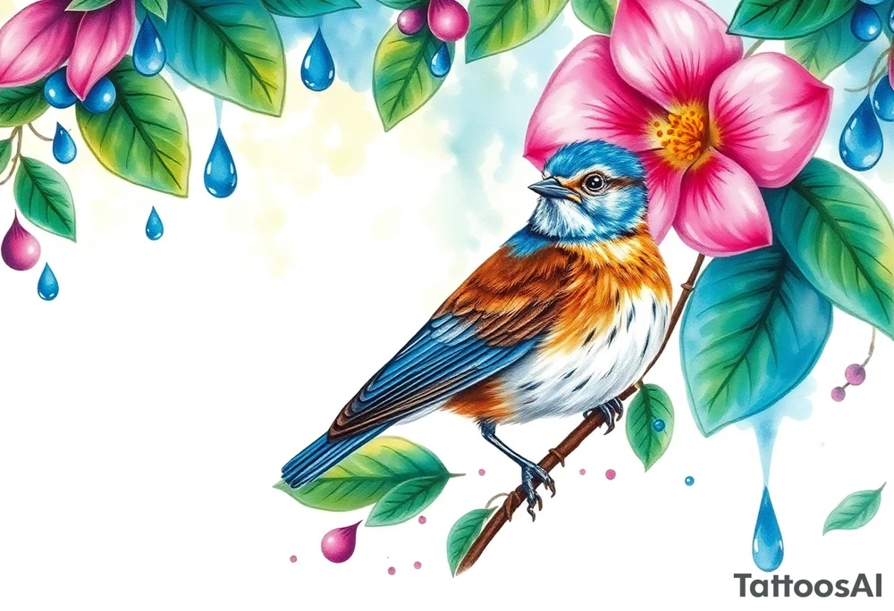 forest background
blue rain drops
pink camelia flower
blue and brown wren bird tattoo idea