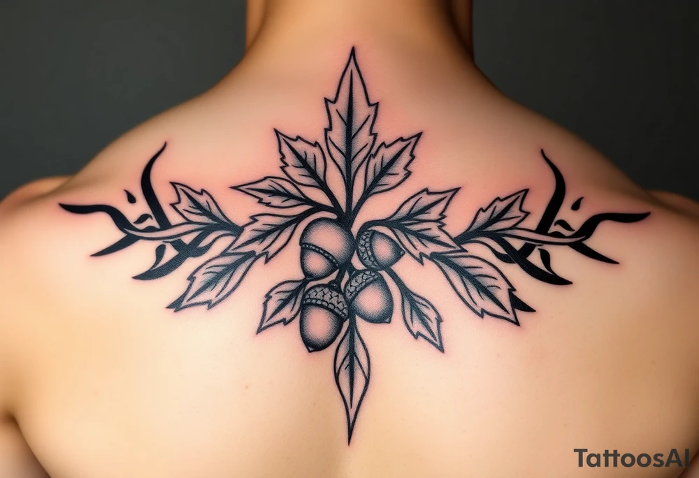 on the chest an oak branch with thick leaves and acorns oak branch with thick leaves and acorns tattoo idea