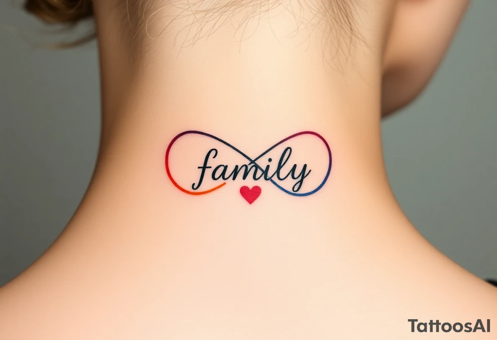 Rainbow Color infinity symbol and the word "family" engraved inside with hearts and kisses tattoo idea