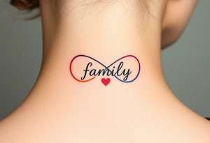 Rainbow Color infinity symbol and the word "family" engraved inside with hearts and kisses tattoo idea