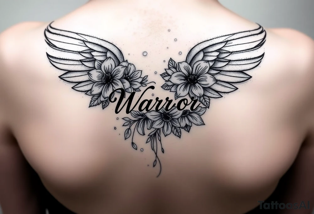 beautiful angel wing with majestic flowers with word "Warr;or" tattoo idea