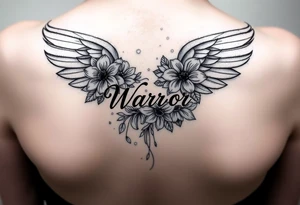 beautiful angel wing with majestic flowers with word "Warr;or" tattoo idea