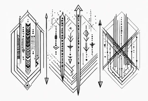 three basic parallel arrows.
The first arrow broken near the flight.
the second middle arrow in tact. the third arrow broken near the head. morse code for JAK in the design. tattoo idea