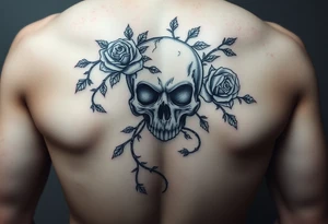 gothic skull intertwined with climbing roses and thorny vines tattoo idea