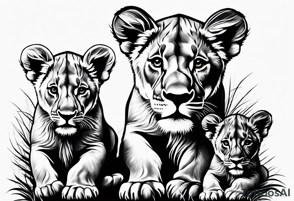 Lioness on her hind legs
protecting her two cubs tattoo idea