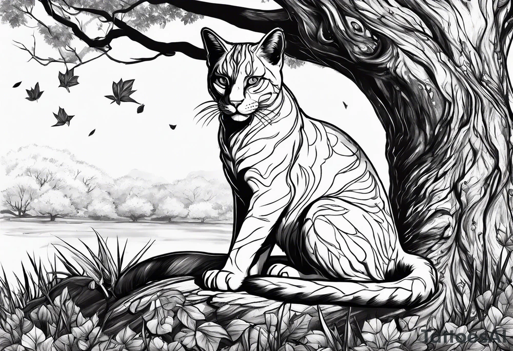 Khajiit sitting under a tree with an empty skooma bottle tattoo idea