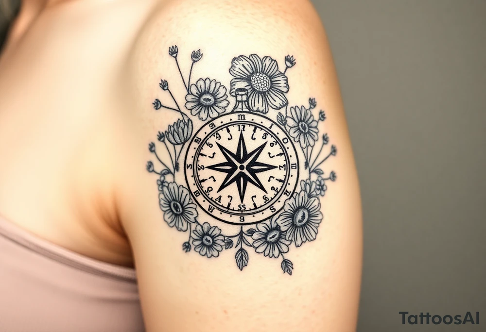 Compass surrounded with wild flowers tattoo idea