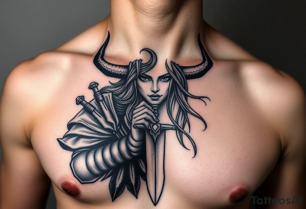 Feminine Tattoo dark female warrior with dagger and realistic horns just barley touching collarbone with a lot of shading tattoo idea