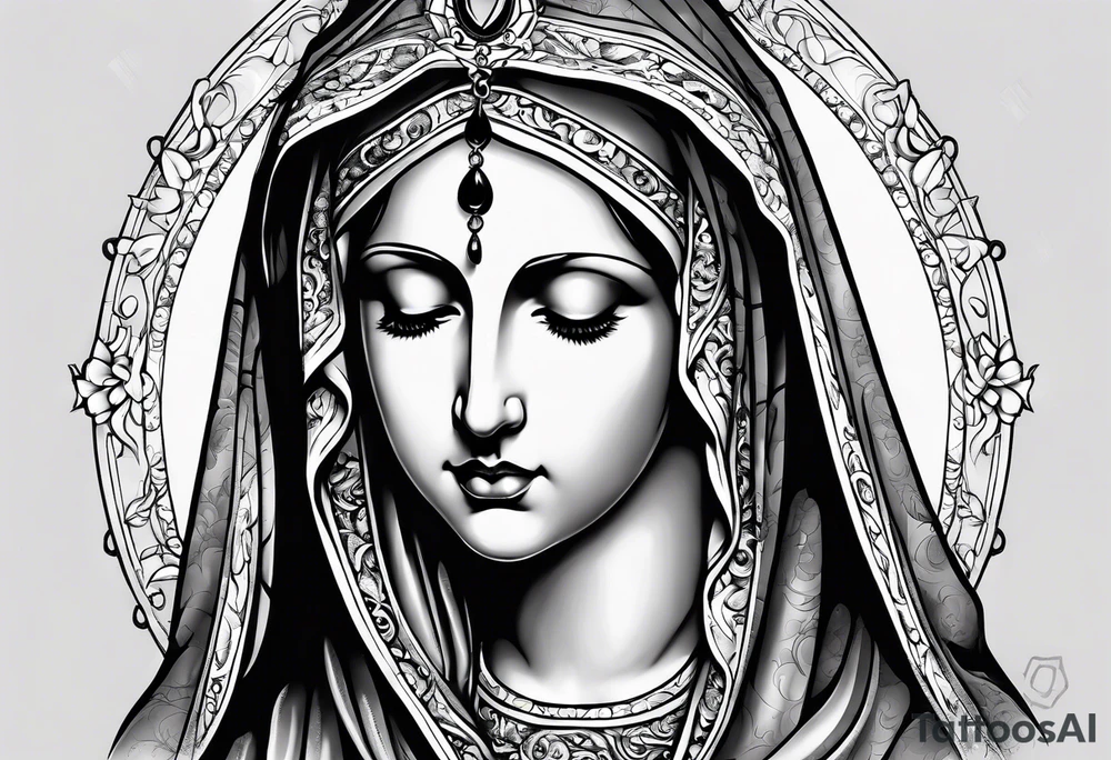 Virgin Mary  looking down with black tears and rosary young version tattoo idea