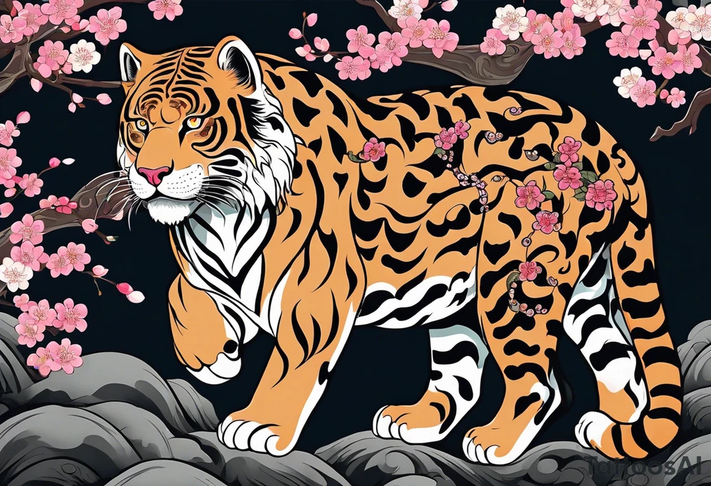 An irezumi style big cat, which looks like the traditional japanese drawing of a tiger. The colour and pattern of a jaguar on the body of the big cat. It should be climbing upwards, with the head looking to the right. The background is a stylised cherry blossom tree with multiple shades of pink for the blossoms. The colours of the background are not dark, so that the jaguar stands out against the background. tattoo idea