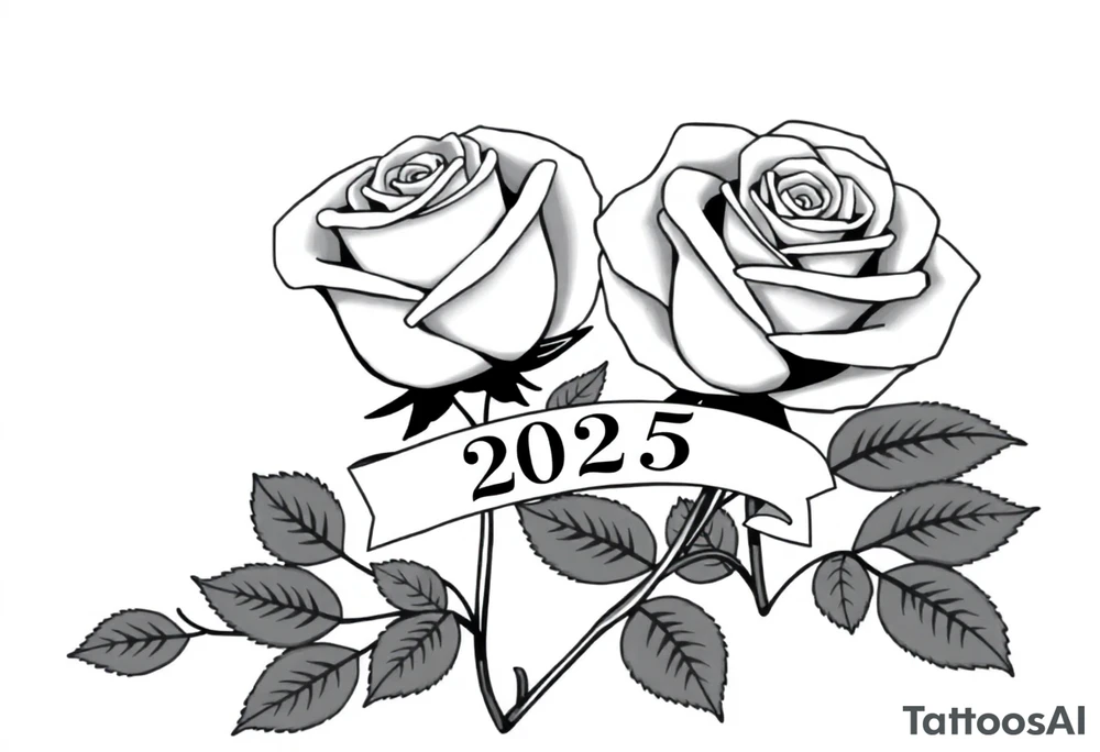 two beautiful large rose buds, one larger than the other, with many leaves next to the rose buds, with one sitting higher than the other. Include a banner connecting the two roses with the year 2025 on it.   Use dark outlines with little shading. The two stems should be short, not long, and connect and join into one stem, whimsically curved or twisted - not straight down. tattoo idea