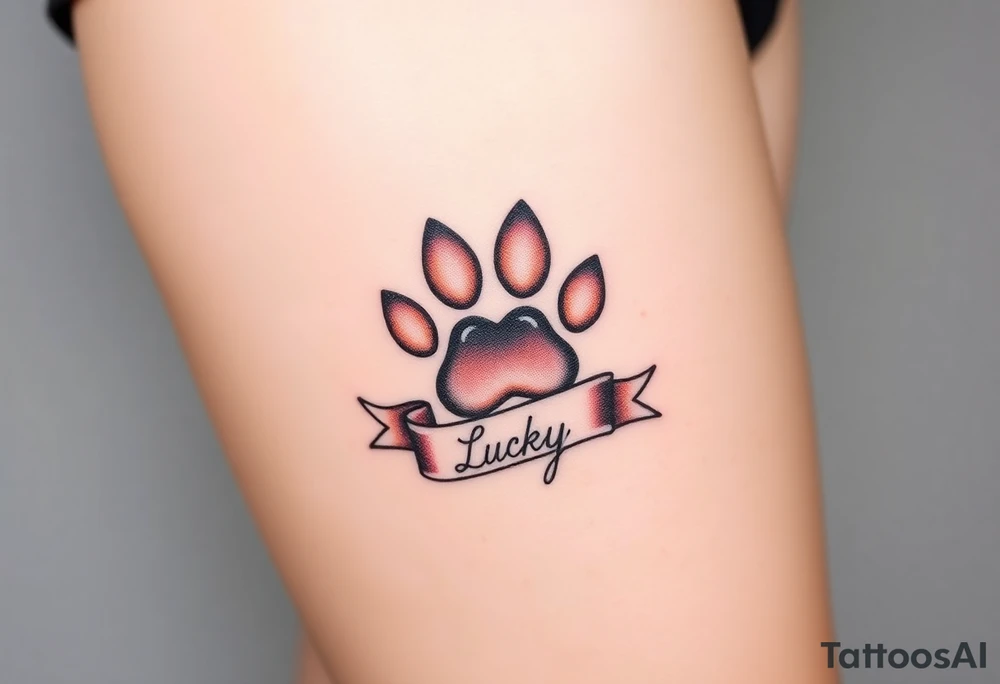 A paw print intertwined with a hearts and ribbon bearing a name Lucky, using a soft gradient of peach and rose gold tattoo idea