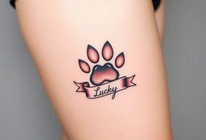 A paw print intertwined with a hearts and ribbon bearing a name Lucky, using a soft gradient of peach and rose gold tattoo idea