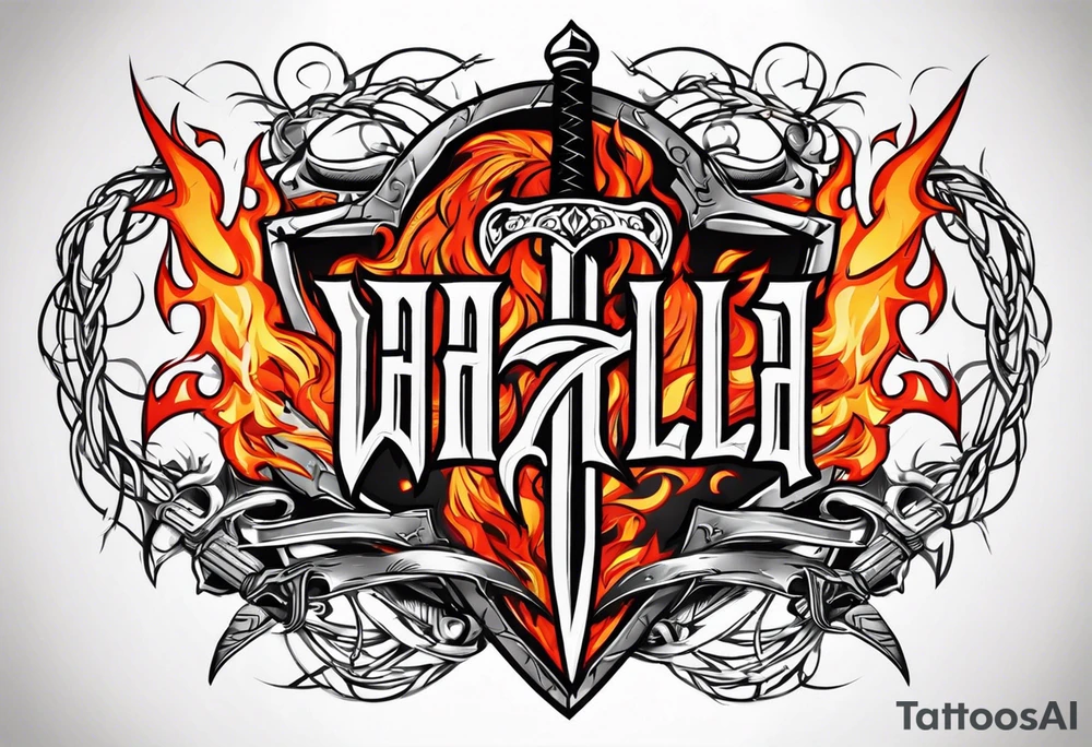 Valhalla on fire
flames sword shield barbed wire tattoo idea