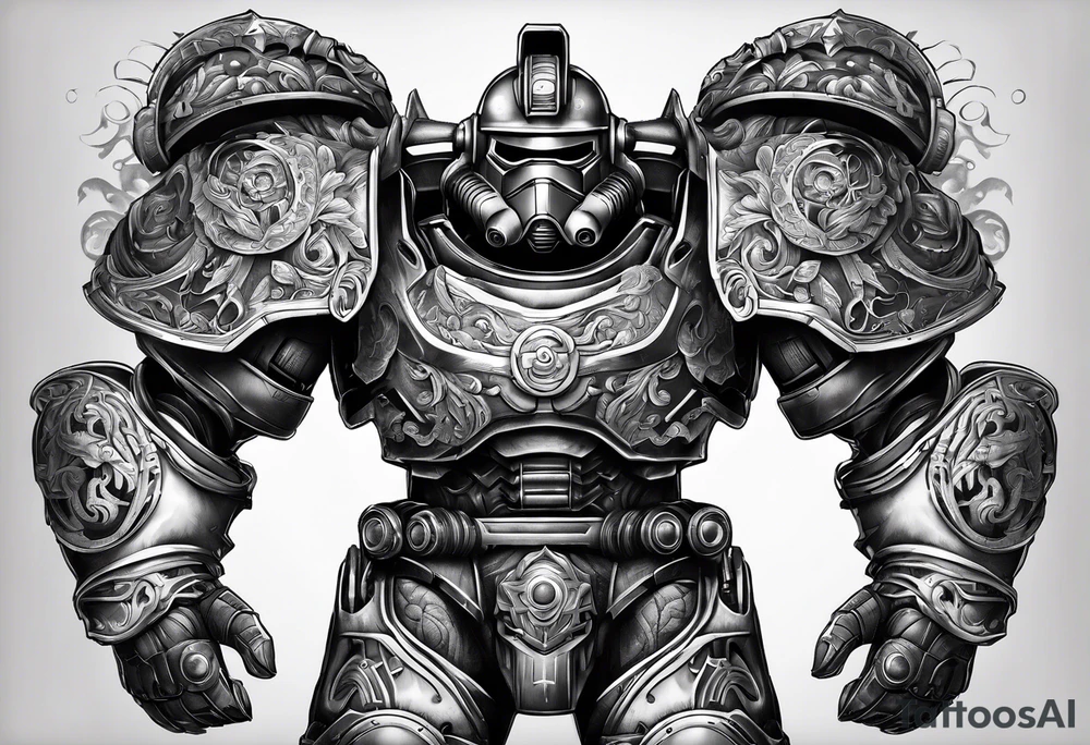 Power armor with Greek engravings tattoo idea