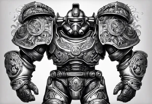Power armor with Greek engravings tattoo idea