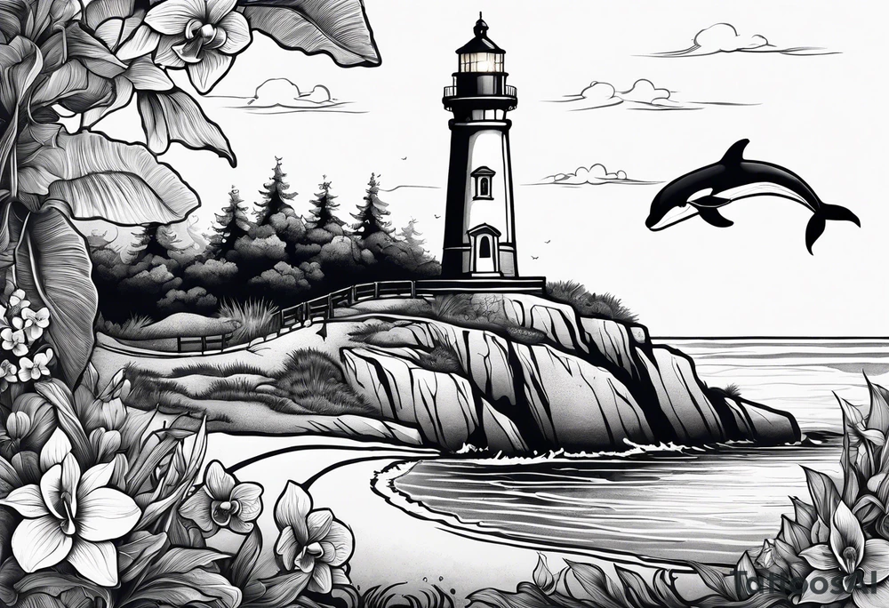 Lighthouse on a beach with a whale's tail sticking out of the water of the ocean with a border containing an anchor and orchids tattoo idea