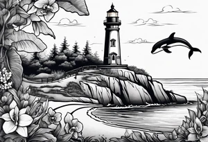 Lighthouse on a beach with a whale's tail sticking out of the water of the ocean with a border containing an anchor and orchids tattoo idea