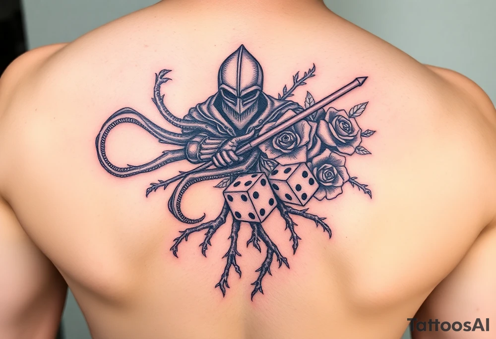 squid, knight intertwined with roses and tree roots rolling dice tattoo idea