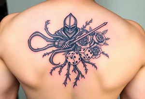 squid, knight intertwined with roses and tree roots rolling dice tattoo idea