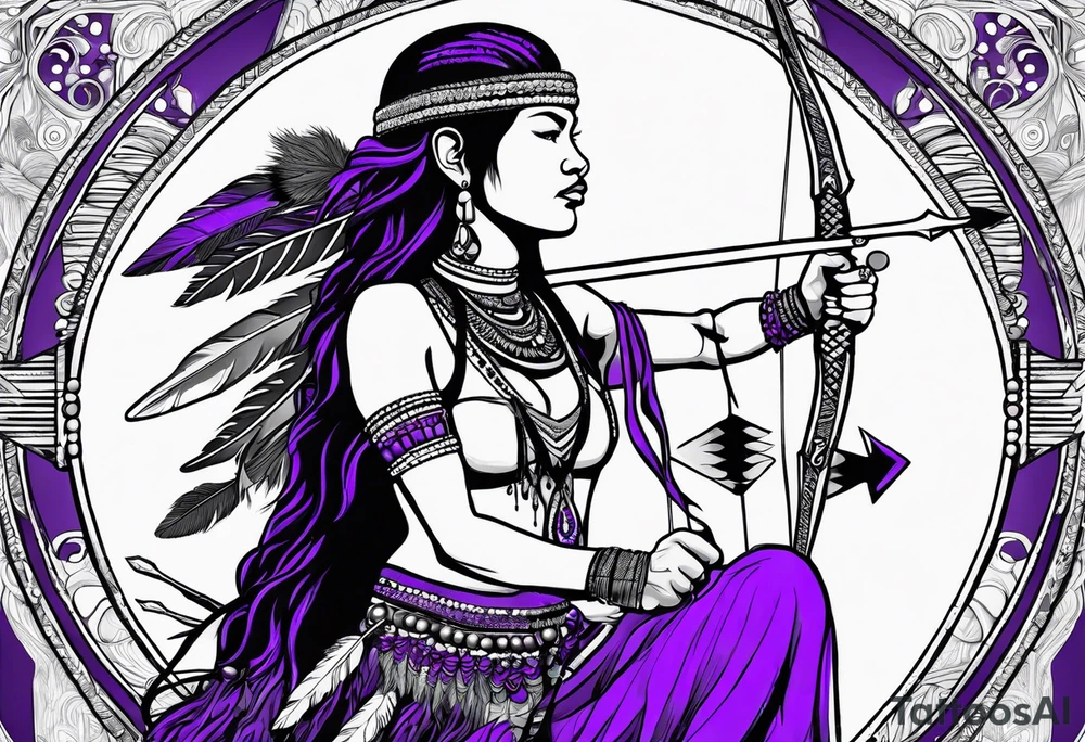 native woman female warrior with arrows on her back wearing bead headband sitting on a purple buffalo, show the buffalo standing still, see whole buffalo she is sitting on tattoo idea