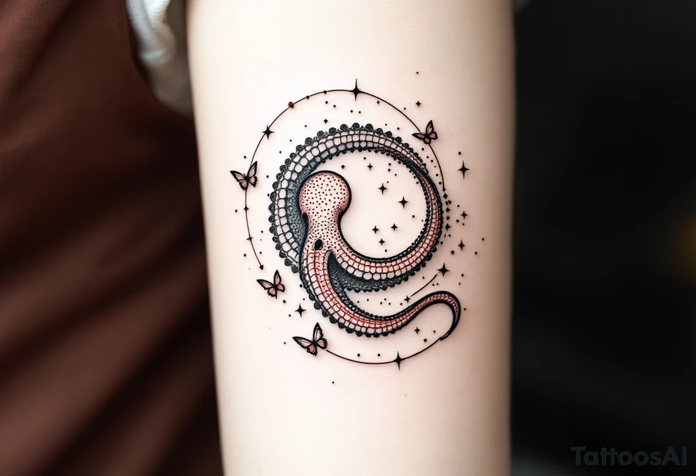 A minimalist dotwork tattoo design in the shape of a spiral galaxy. In the center, a small octopus is subtly integrated into the swirl, with flowing tentacles that extend along the spiral arms. The tentacles transform into elegant, curving lines resembling the flowing tails of koi or betta fish, partially in black ink and partially in fine red lines. Small stars are scattered throughout the galaxy shape, and two delicate butterflies hover near the edges. cosmic abstraction style, dotwork, fine line, with elements of Japanese graphic tattoo flow, minimalist octopus tattoo idea