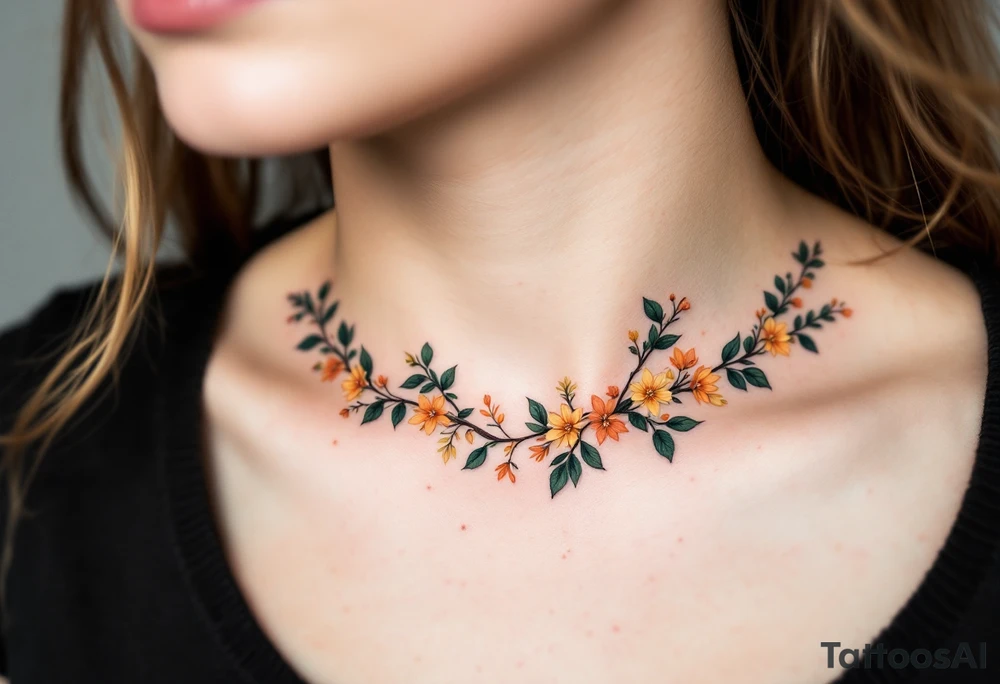 Two separate collarbone tattoos of long branches covered with orange, yellow and dark forest green leaves and flowers, academia, witchy, muted, delicate and gentle but moody, following the collarbone. More muted, not so bright, darker colors. Fewer amount of leaves, larger leaves. Less flowers and leaves. tattoo idea