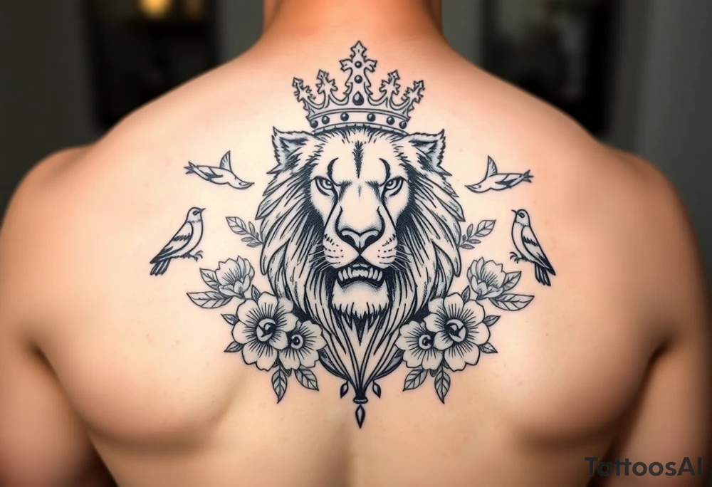 powerful majestic lion with a crown, surrounded by floral ornaments and birds tattoo idea