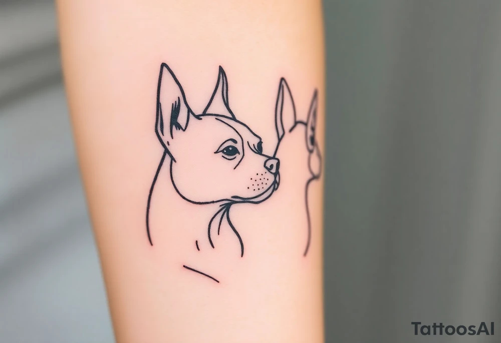outline of pitbull ears, next to the outline of austrailian cattle dog ears, as they look off into the sunset tattoo idea