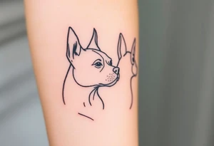 outline of pitbull ears, next to the outline of austrailian cattle dog ears, as they look off into the sunset tattoo idea