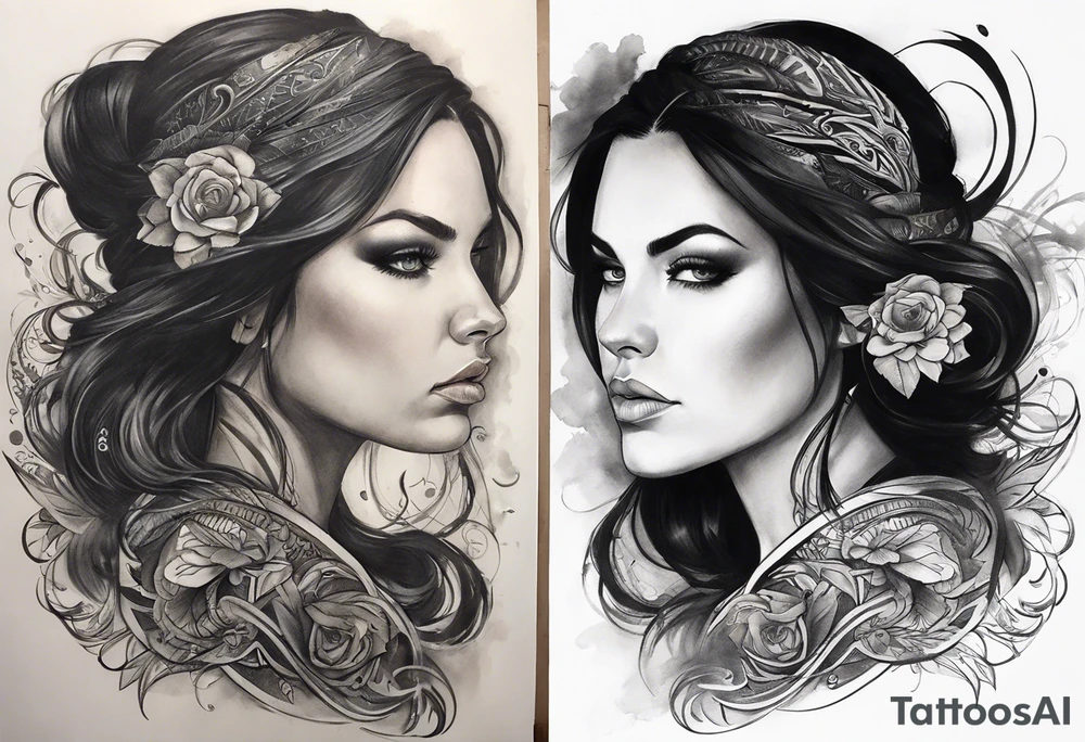 A white woman with dark hair and features. She will be posing sideways portrait style but looking head on. She needs to embody a modern warrior. . And the outside of the tattoo can fade away with smoke. It’s for my outer shoulder so it’s about 20x7cm her hair should be down and loose and she can have 2-3 flowers in her hair. tattoo idea