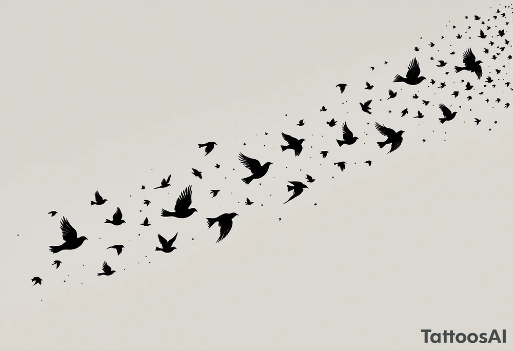 Flock of birds in flight across a fading sky – A dynamic group of birds soaring in various stages of flight, moving from the wrist toward the shoulder (or across the back). The birds start as detailed silhouettes in rich black and gradually become lighter and more abstract, as if dissolving into the wind. The background features a soft gradient from warm gray to pale sky blue, giving the impression of early dawn or a dreamlike escape. tattoo idea