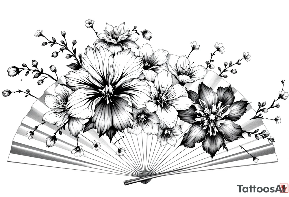 Irises flowers and cherry blossom on a fan forearm tattoo idea