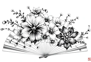 Irises flowers and cherry blossom on a fan forearm tattoo idea