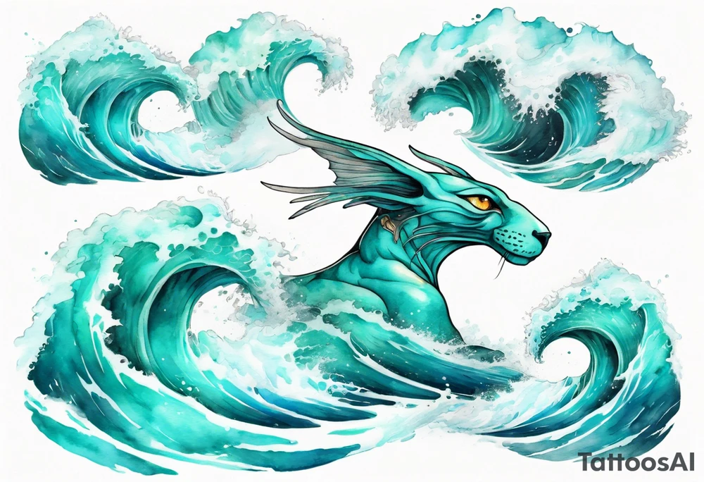 a beautiful turquoise sphinx emerging from an ocean wave, crashing onto the shore tattoo idea