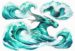 a beautiful turquoise sphinx emerging from an ocean wave, crashing onto the shore tattoo idea