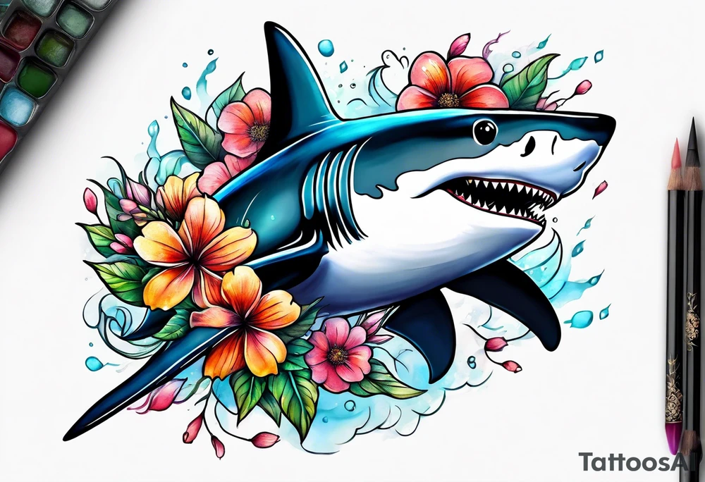 shark with flowers tattoo idea