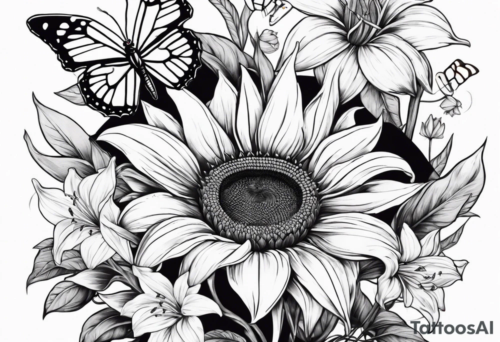 Sunflower and lily with butterflies in a line tattoo idea