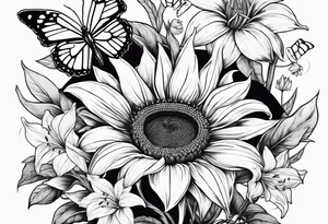 Sunflower and lily with butterflies in a line tattoo idea